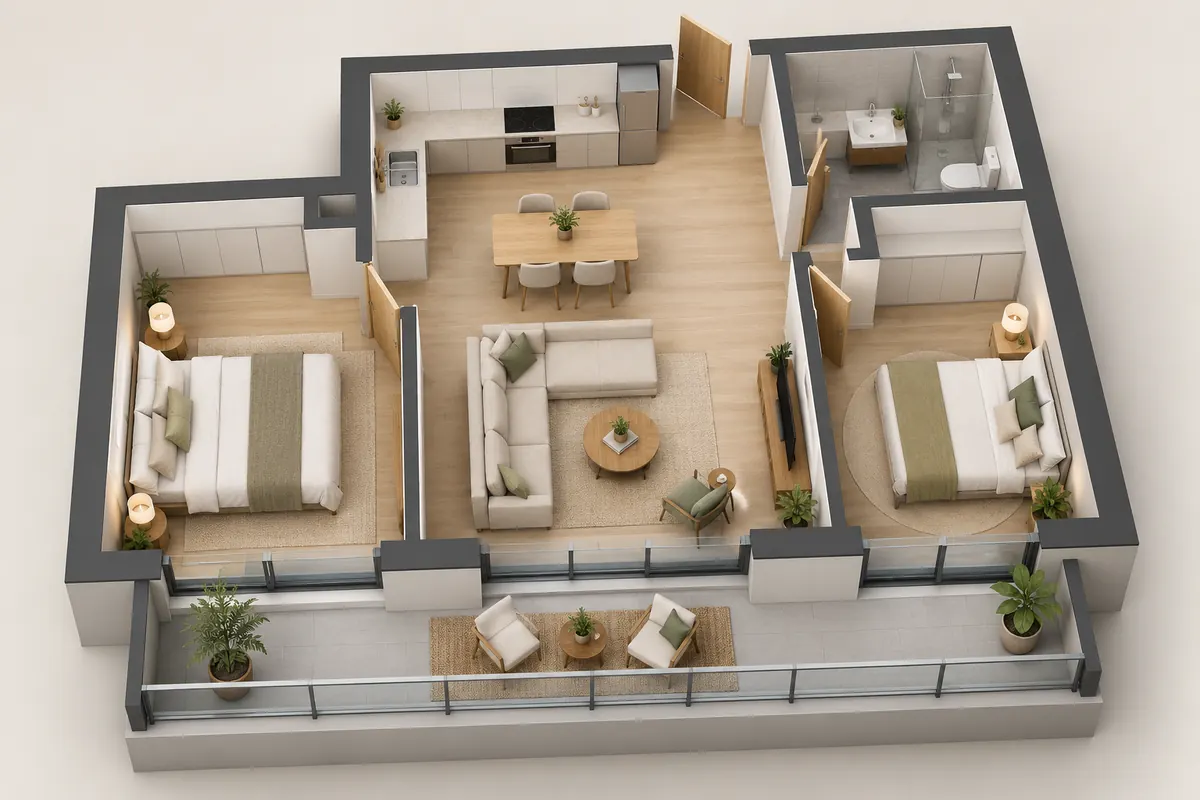 Ilustrație 3D a unui plan de apartament cu mobilier